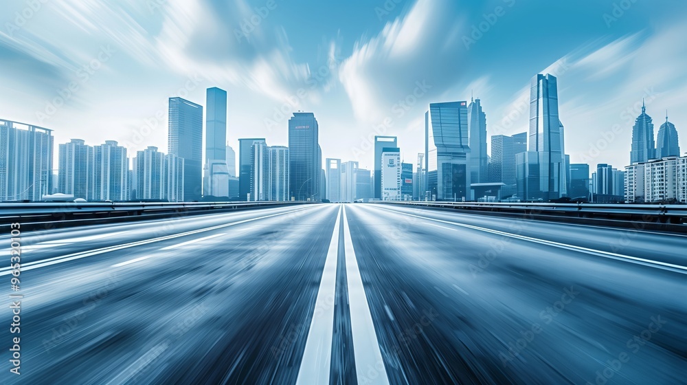 Dynamic Cityscape with Modern Architectural Skyline and Empty Highway in Focus Dynamic Cityscape with Modern Architectural Skyline and Empty Highway in Focus