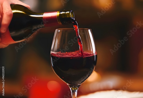 Red wine pouring into glass from bottle shot with selective focus 