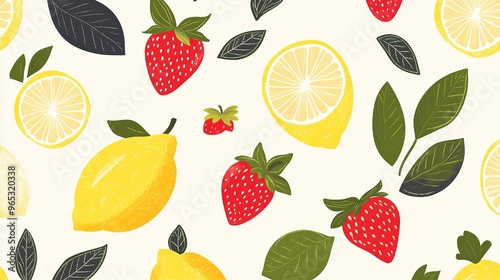 Seamless pattern of hand-drawn lemons, strawberries, and light green leaves.