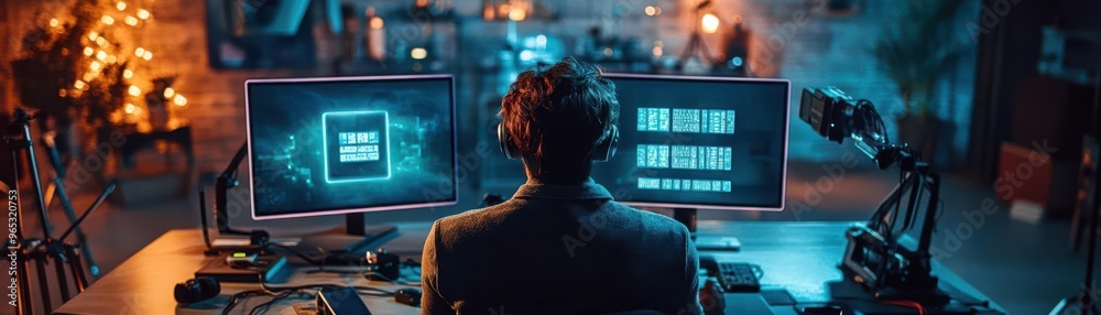 Craft a dynamic image with an aerial perspective of a Content Creator in a futuristic studio Craft a dynamic image with an aerial perspective of a Content Creator in a futuristic studio