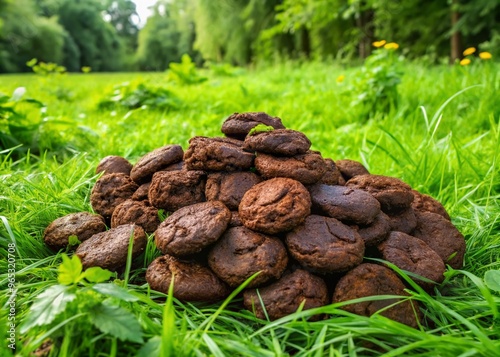 A heap of brown cow manure patties scattered on lush green grass, surrounded by verdant foliage, creates a photo