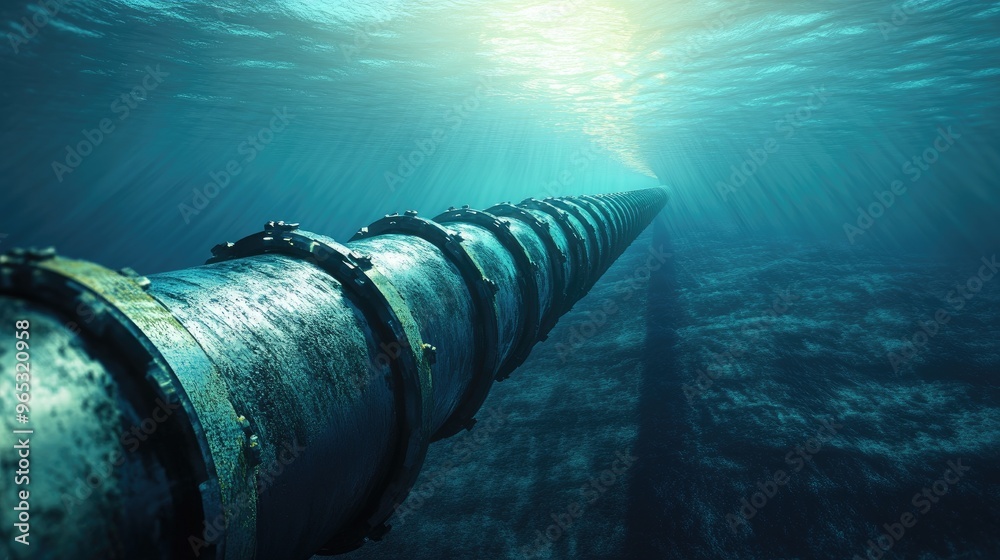 An oil pipeline cutting through the middle of the sea, showing the engineering feats required for offshore energy infrastructure. An oil pipeline cutting through the middle of the sea, showing the engineering feats required for offshore energy infrastructure.