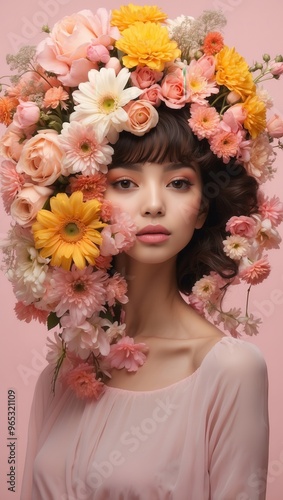 A woman with a flower crown on her head is standing in front of a pink wall