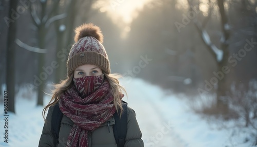 A person on a winter walk in a park, dressed in a scarf and hat, with their nose and mouth covered, captured in soft daylight.  photo