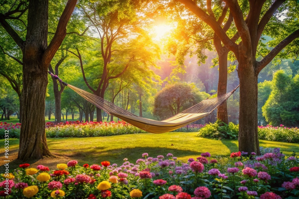 a lone hammock gently sways between towering trees in a lush, green park, surrounded by vibrant flowers and a lone hammock gently sways between towering trees in a lush, green park, surrounded by vibrant flowers and