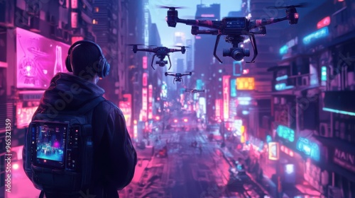 Design a digital artwork of a Vlogger in a futuristic city