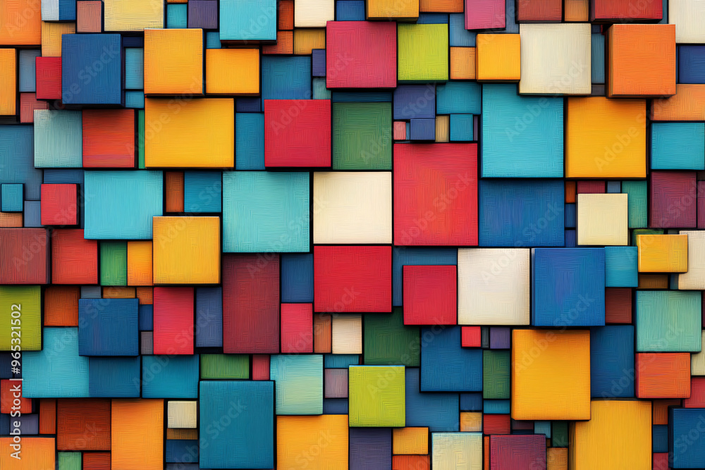 A bold geometric design featuring colorful squares arranged in a dynamic abstract pattern, creating a visually stimulating, modern composition