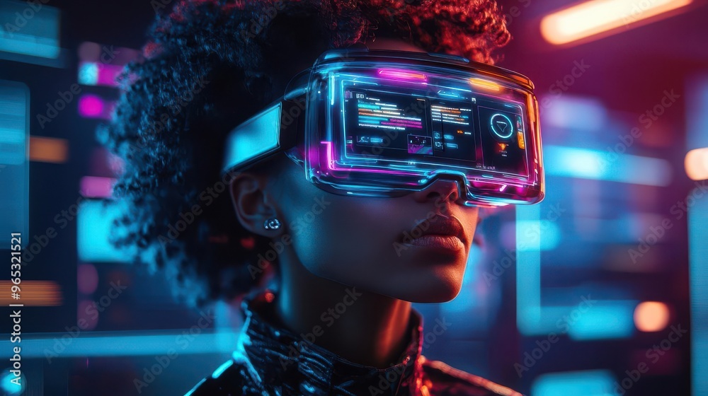 Design a striking image of a Vlogger in AR glasses from a Worms-eye view Display floating holographic UI elements, vibrant lighting, and a futuristic ambiance Design a striking image of a Vlogger in AR glasses from a Worms-eye view Display floating holographic UI elements, vibrant lighting, and a futuristic ambiance