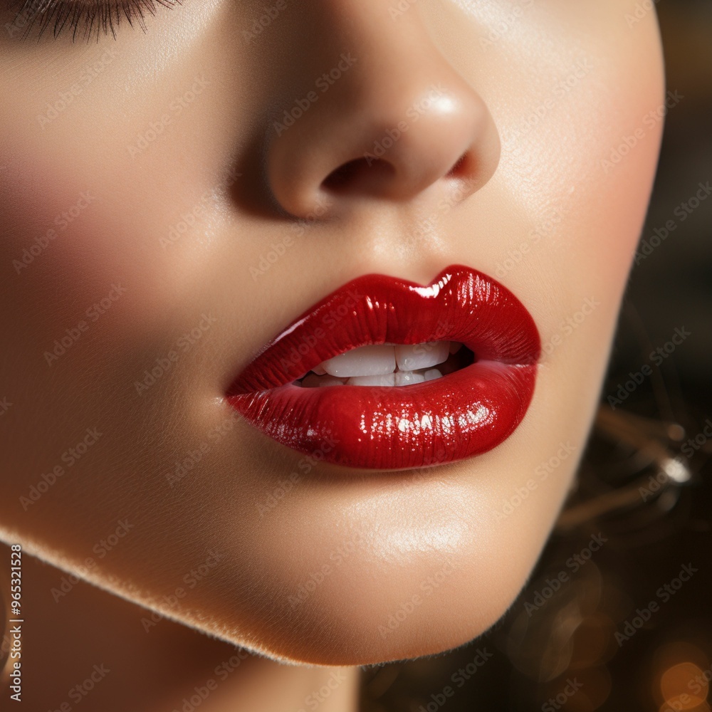 Fototapeta premium Glossy close-up of a woman’s lips with bold red lipstick, showcasing smooth texture and fashion-forward beauty, perfect for makeup, cosmetics, and beauty designs