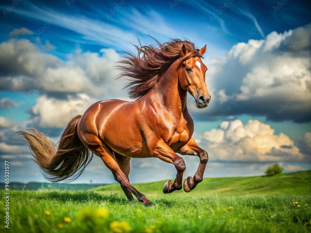 A majestic brown horse with a gleaming coat and flowing mane gallops freely in a lush green meadow