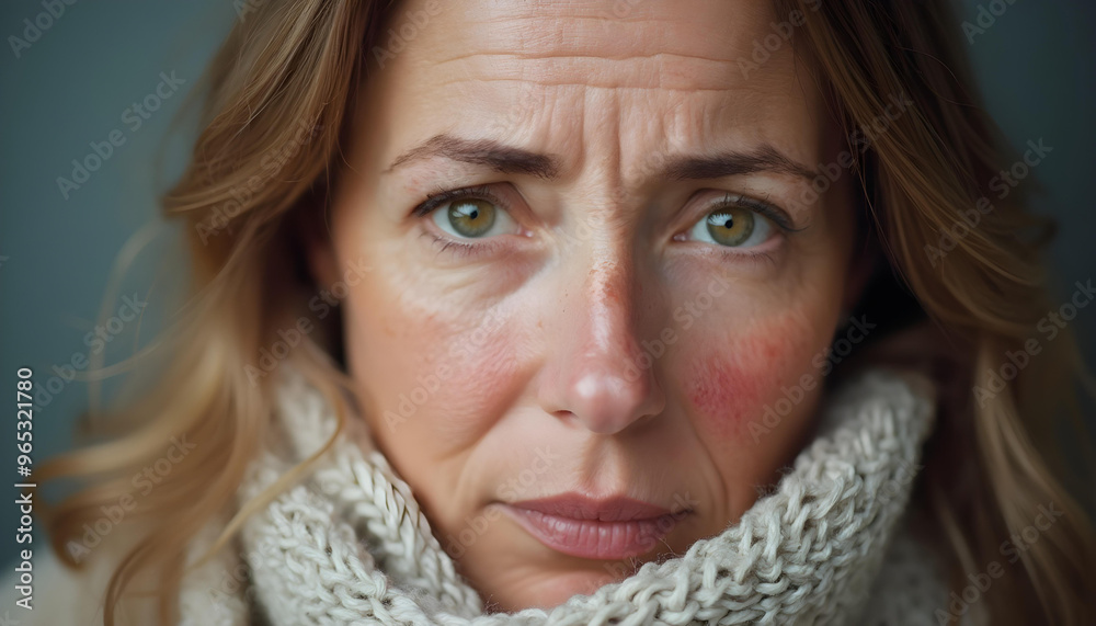 Close-up of a person with red, watery eyes and a slightly red nose, suggesting symptoms of a cold. Captured in soft indoor light, highlighting the discomfort and signs of illness.