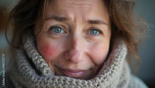 Close-up of a person with red, watery eyes and a slightly red nose, suggesting symptoms of a cold. Captured in soft indoor light, highlighting the discomfort and signs of illness.