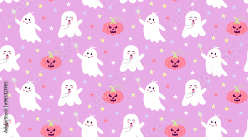 Cute ghosts with stars and pumpkin seamless pattern. Halloween baby characters. Magic scary spirits pastel print. Vector cartoon illustration.