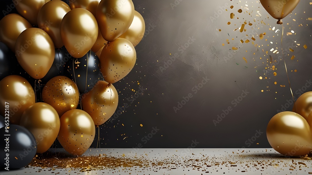 Naklejka premium Festive background with gold balloons and scattered golden confetti. Premium background for a festive birthday celebration.