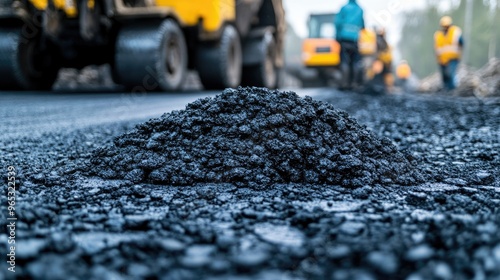 Close-up of a mound of asphalt on a road repair site, with workers and heavy machinery in the background, symbolizing the teamwork