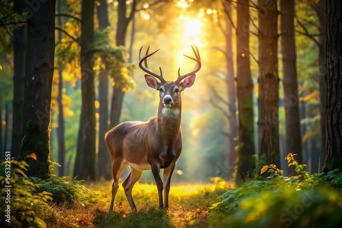 A majestic white-tailed deer stands alone in a serene forest clearing, surrounded by tall trees and vibrant foliage,