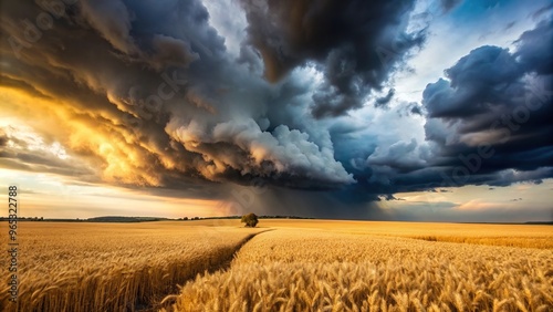 hoto capturing the dramatic contrast between a black thunderstorm cloud looming above a golden wheat field with a depth of field effect highlighting the focus on the cloud and the blurred background photo