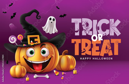 Trick or treat text vector design. Halloween trick or treat greeting card with cute smiling pumpkin character wearing witch black hat element in purple scary background. Vector illustration seasonal 