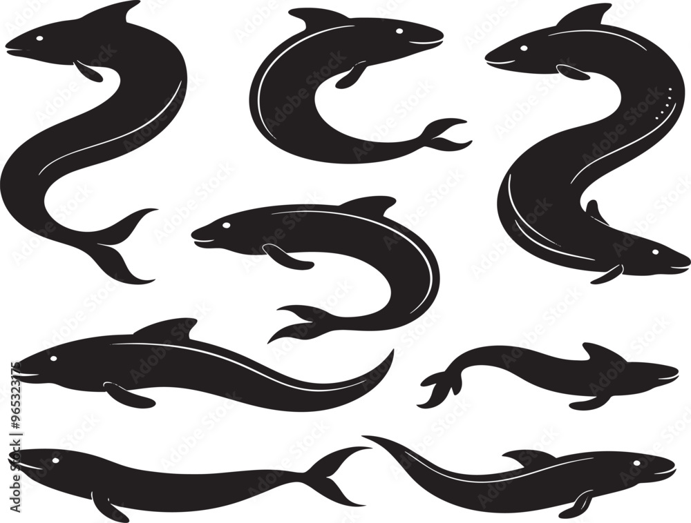Obraz premium Eel Fish Dark Silhouette Shapes Vector Set