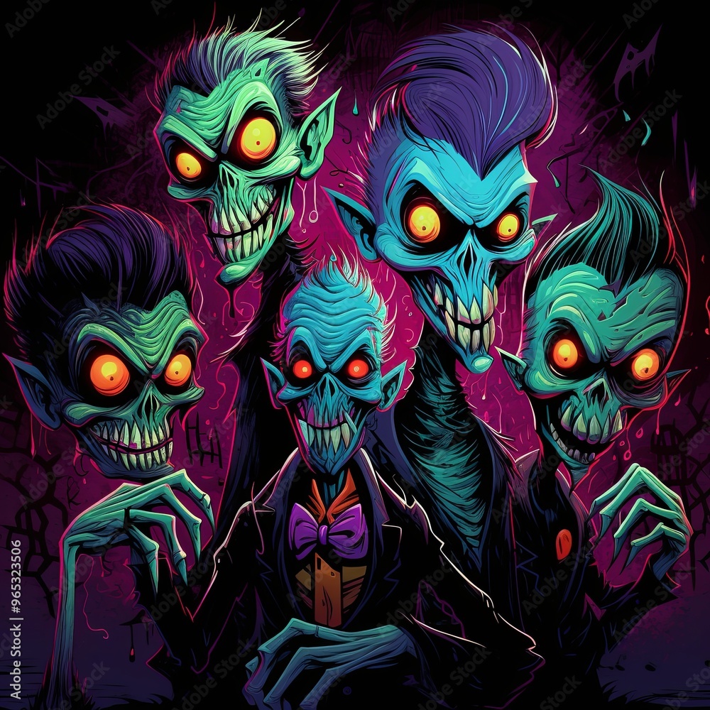 This is a colorful illustration of a group of funny cartoon monsters with big eyes and sharp teeth. The monsters are all different colors and shapes and are arranged in a group on a black background. This is a colorful illustration of a group of funny cartoon monsters with big eyes and sharp teeth. The monsters are all different colors and shapes and are arranged in a group on a black background.
