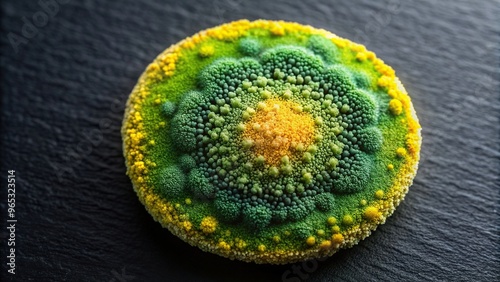 macro, pattern, black surface, decayed, environmental, yellow, Green and yellow round fungal mold growing on a heterogeneous black surface macro abstract background at a tilted angle photo