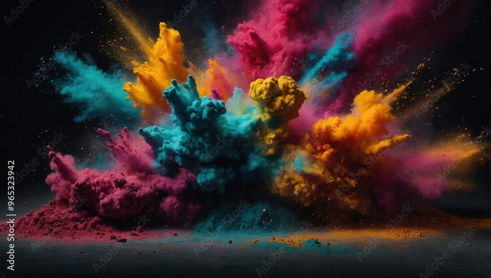 A colorful explosion of smoke and dust on a black background. A colorful explosion of smoke and dust on a black background.
