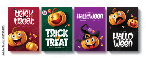 Halloween trick or treat vector poster set design. Halloween greeting text with cute and funny pumpkins for kids party invitation card in colorful spooky background. Vector illustration horror 