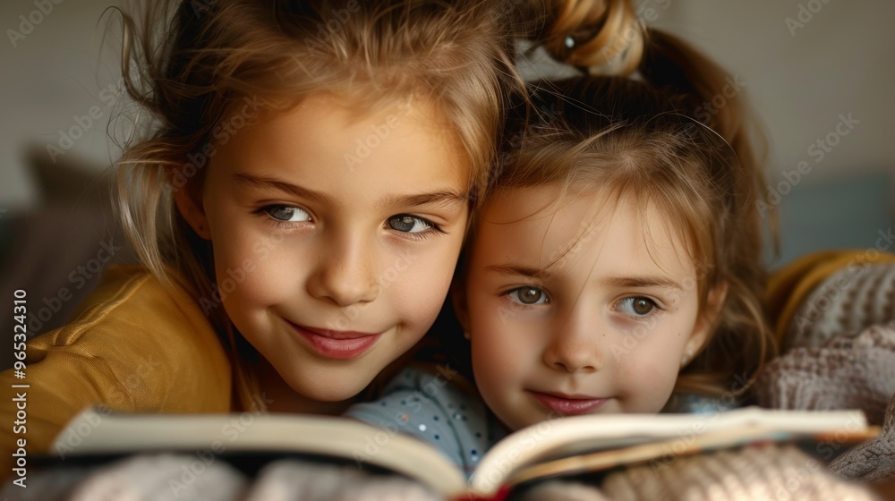 Sisters are lost in the magic of a storybook, creating cherished memories. Sisters are lost in the magic of a storybook, creating cherished memories.