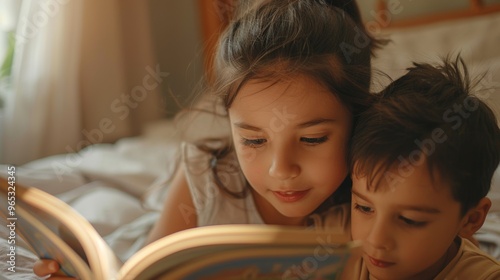 The brother and sister share a laugh while enjoying a fun story together on the couch.