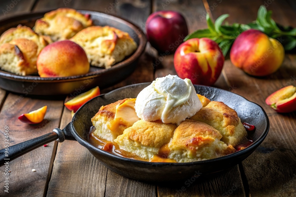 Freshly baked drop biscuit peach cobbler served with French vanilla ice cream over a dark rustic background with shallow Depth of Field, peaches, drop biscuit, dark rustic background Freshly baked drop biscuit peach cobbler served with French vanilla ice cream over a dark rustic background with shallow Depth of Field, peaches, drop biscuit, dark rustic background