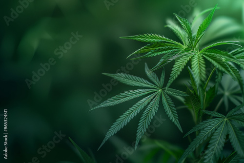 Close-up of cannabis leaves on dark green background, natural health and botanical concept. Natural, organic qualities of cannabis, hemp use in medicinal and wellness practices photo