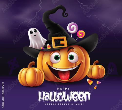 Halloween pumpkins character vector design. Halloween greeting text with cute pumpkins wearing witch black hat, ghost, lollipop, candies and squash elements in dark night creepy grave yard background.