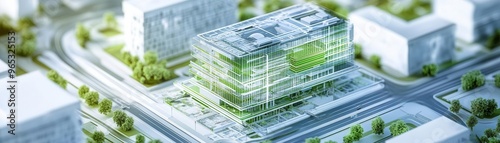 Engineers presenting a futuristic design for a zero-carbon emission building using virtual green energy technology photo