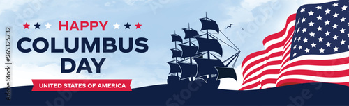 Happy Columbus day logo, banner with USA Flag and Sillhouette of Sunset Ship. Old marine navy vessel, America flag colors, celebrate Christopher Columbus discover America vector illustration.