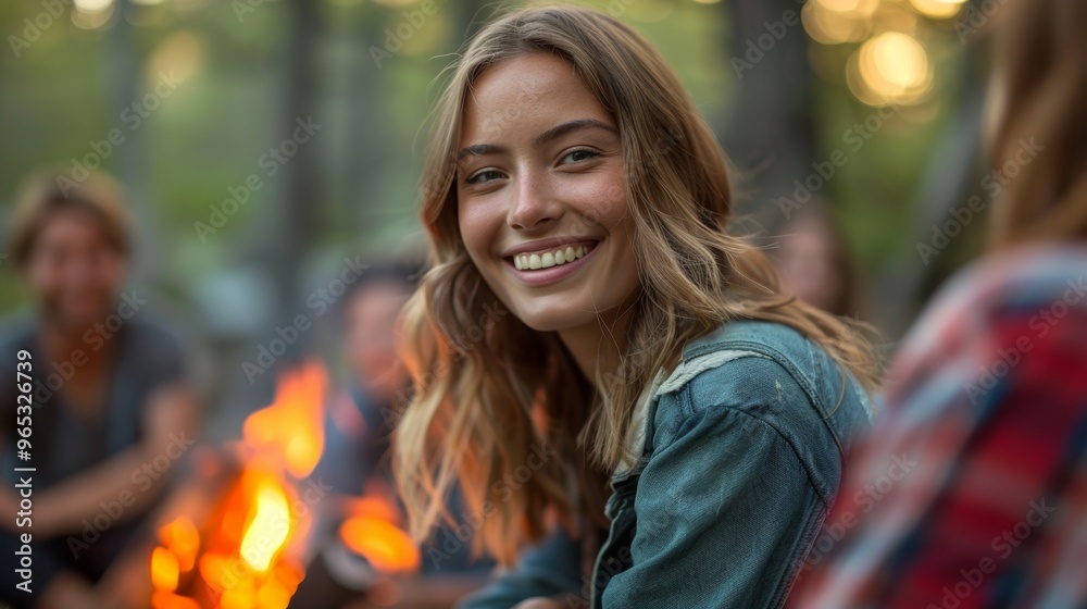Fototapeta premium Smiling friends gather around a campfire on a warm summer night, surrounded by the sounds of nature.
