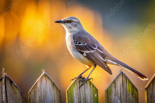 A serene brown-backed mockingbird perches on a weathered wooden fence, its gray-white patches and distinctive white