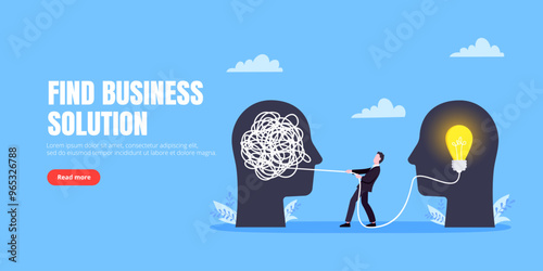 Unravel business chaos process with tangle difficult problem mess business concept flat style design vector illustration. Chaos to order, complex to simple metaphor with person trying solve mess cable