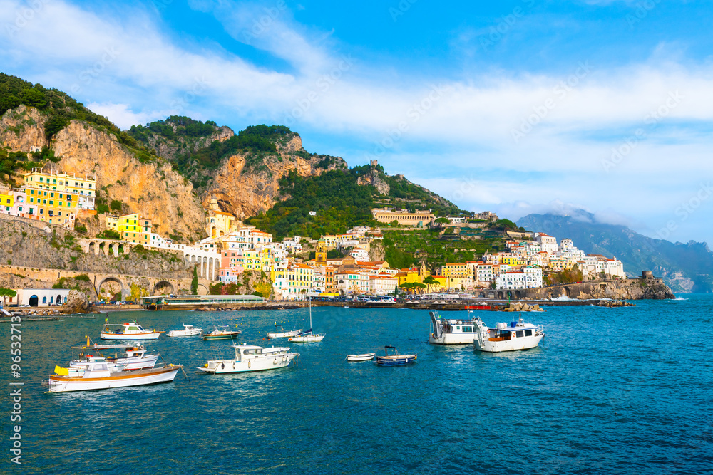 Amalfi coast, Italy. Beautiful view of Amalfi town with colorful architecture on the rocks.