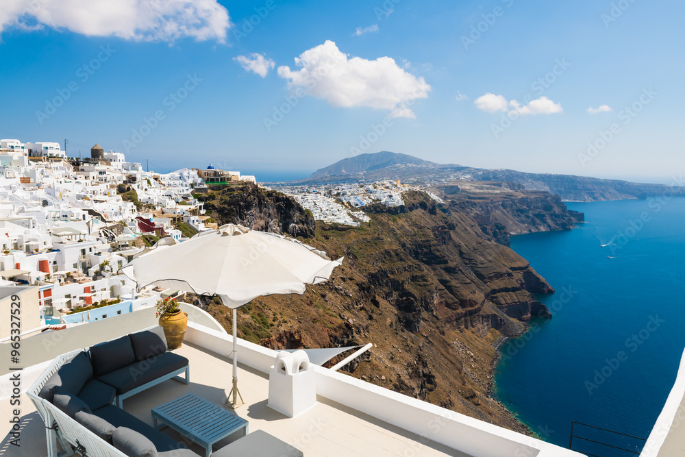 White architecture in Santorini island, Greece. Panoramic view of island at sunny day.