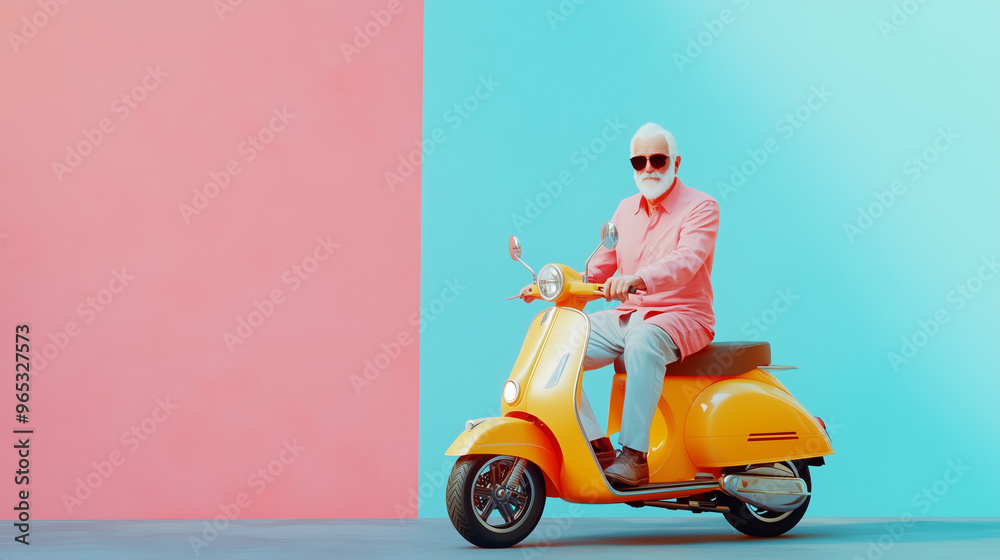 Elderly man enjoying a scooter ride against a colorful urban backdrop Elderly man enjoying a scooter ride against a colorful urban backdrop