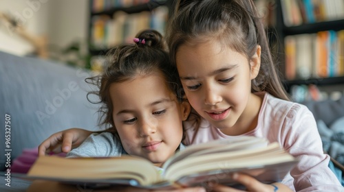Sisters relax together, deeply involved in the world of their book.