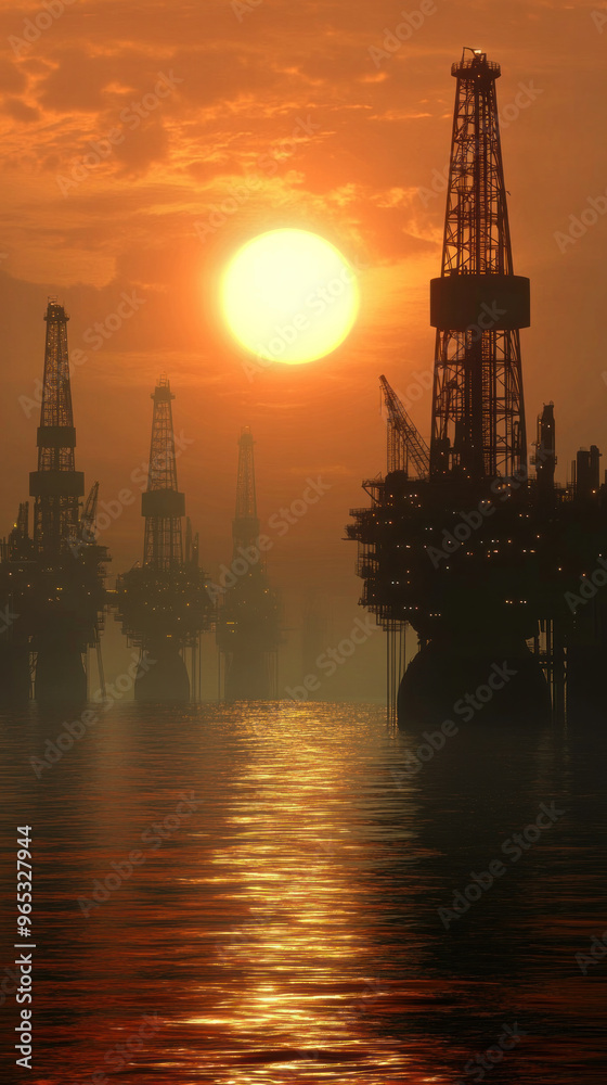 A sunset over a body of water with a large oil rig in the foreground. The sky is orange and the water is calm A sunset over a body of water with a large oil rig in the foreground. The sky is orange and the water is calm