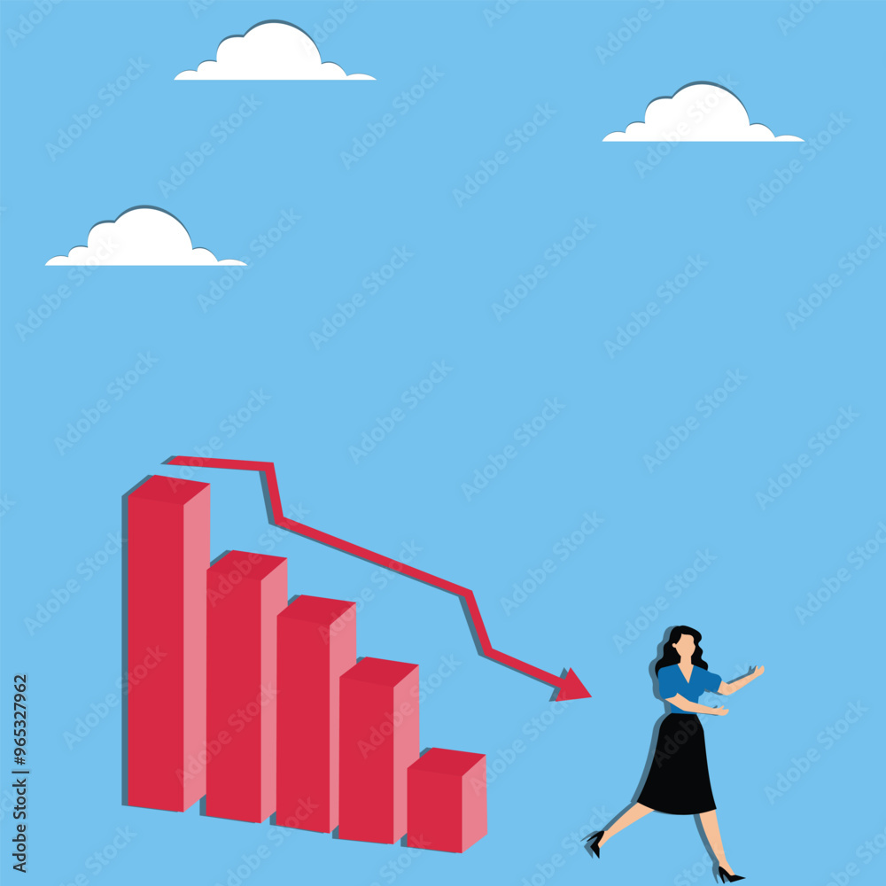 Woman runs from falling graph Woman runs from falling graph
