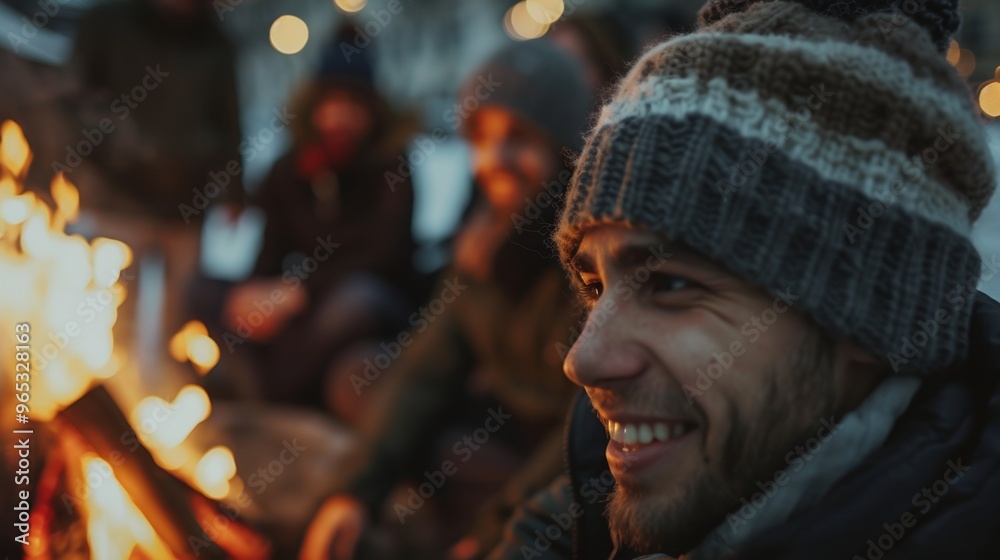 Naklejka premium A group of friends enjoys a winter campfire, creating warmth and joy amid the snow.