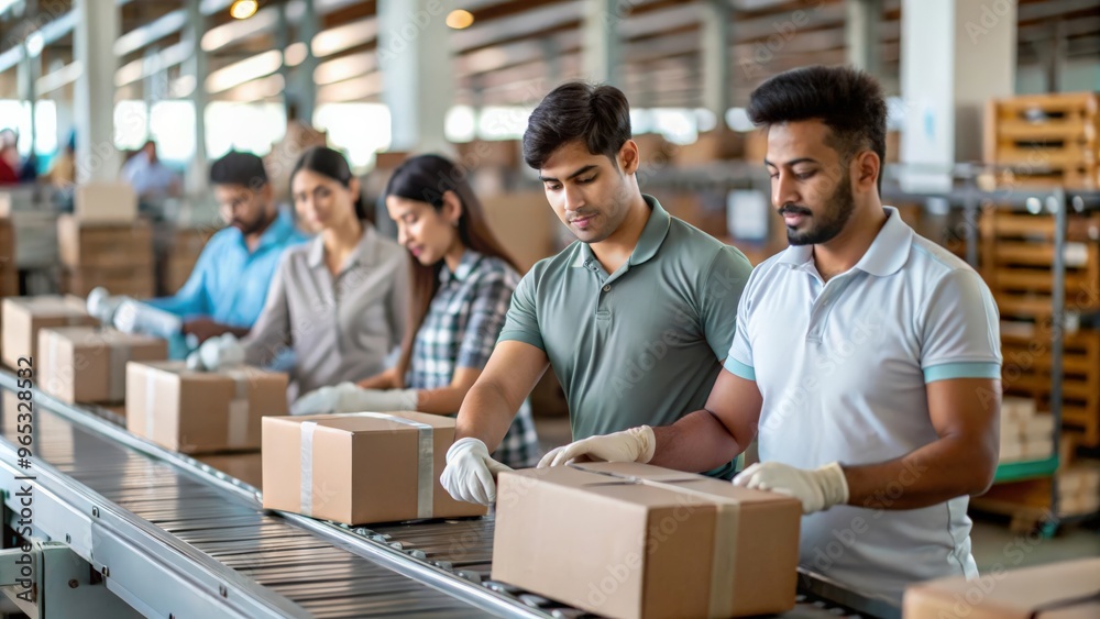 A bustling Indian delivery hub with automated sorting machines and workers processing large volumes of parcels. A bustling Indian delivery hub with automated sorting machines and workers processing large volumes of parcels.