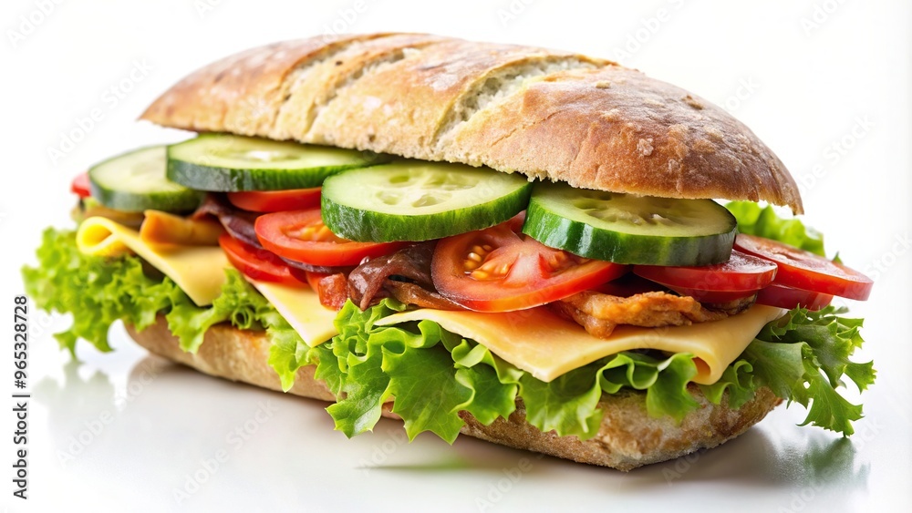 A ciabatta sandwich is served alongside a fresh salad consisting of sliced tomatoes cucumbers cheese and crispy bacon all isolated on a white background, ciabatta, tomato, cucumber, white A ciabatta sandwich is served alongside a fresh salad consisting of sliced tomatoes cucumbers cheese and crispy bacon all isolated on a white background, ciabatta, tomato, cucumber, white