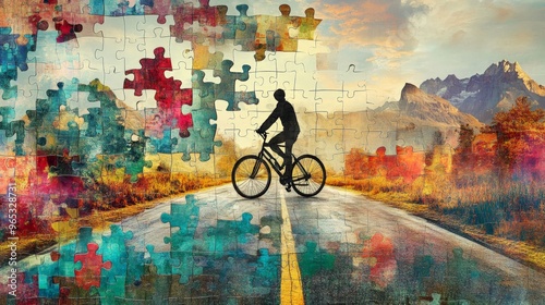 Wallpaper Mural A collage showing a person riding a bicycle on a road made of puzzle pieces, symbolizing finding the right path in life Torontodigital.ca