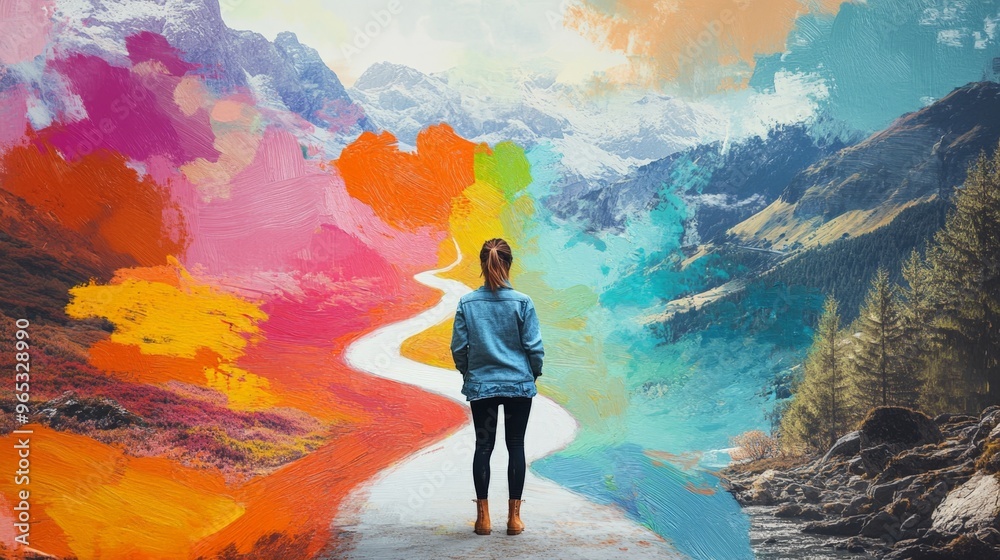 Fototapeta premium A collage showing a person painting their own road with a brush, representing creating their own destiny