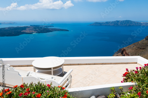 White architecture in Santorini island, Greece. Beautiful terrace with sea view.