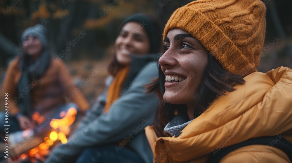 A group of friends sits around a campfire, their expressions full of joy and warmth on a crisp autumn night A group of friends sits around a campfire, their expressions full of joy and warmth on a crisp autumn night